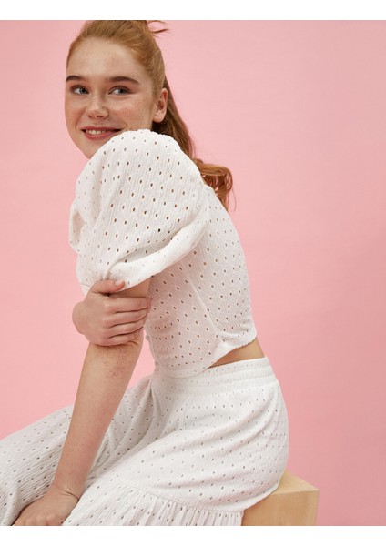 Kadın Crop Prenses Kol Bluz Delikli