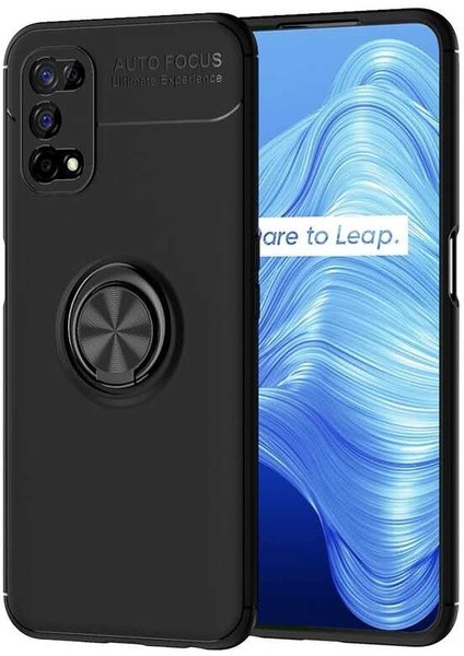 Realme 7 Pro Yüzüklü Manyetik Ravel Kılıf Nano Ekran Koruyucu Full Setsiyah