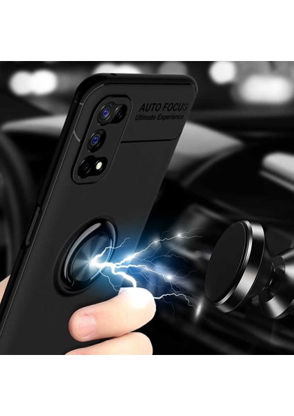 Realme 7 Pro Yüzüklü Manyetik Ravel Kılıf Nano Ekran Koruyucu Full Setsiyah