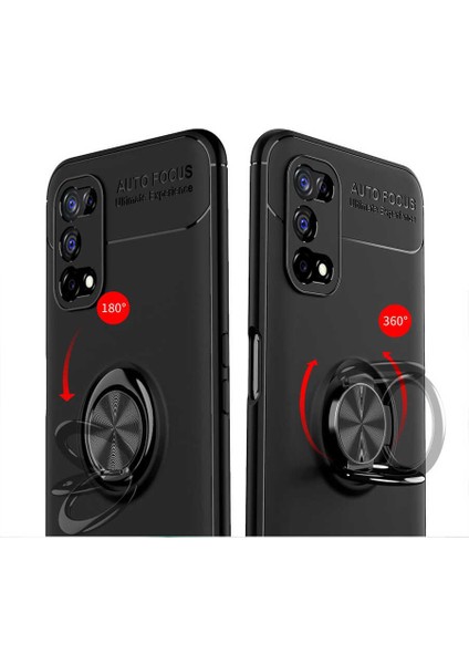Realme 7 Pro Yüzüklü Manyetik Ravel Kılıf Nano Ekran Koruyucu Full Setsiyah