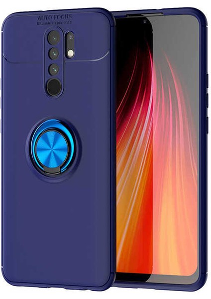 Xiaomi Redmi 9 Yüzüklü Manyetik Ravel Kılıf Nano Ekran Koruyucu Full Setmavi