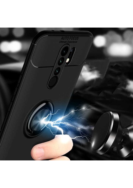 Xiaomi Redmi 9 Yüzüklü Manyetik Ravel Kılıf Nano Ekran Koruyucu Full Setmavi