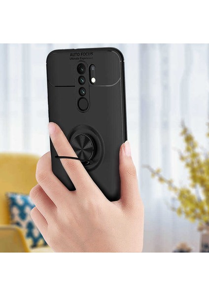 Xiaomi Redmi 9 Yüzüklü Manyetik Ravel Kılıf Nano Ekran Koruyucu Full Setmavi