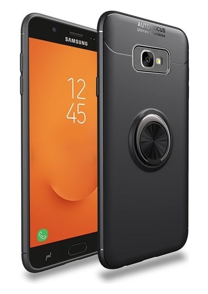 Samsung Galaxy J7 Prime Yüzüklü Manyetik Ravel Kılıf Nano Ekran Koruyucu Full Setsiyah