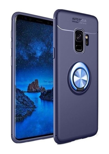 Samsung Galaxy S9 Plus Yüzüklü Manyetik Ravel Kılıf Nano Ekran Koruyucu Full Setmavi
