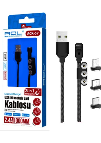 USB Lightning Type C Micro U Sarj Data Kablosu Ack-57 Siyah