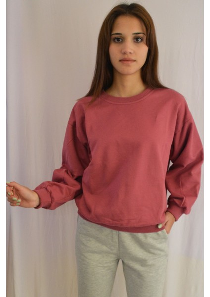 Kadın Gül Kurusu Pembe İçi Şardonlu Bol Kalıp Oversize Bisiklet Yaka Sweatshirt