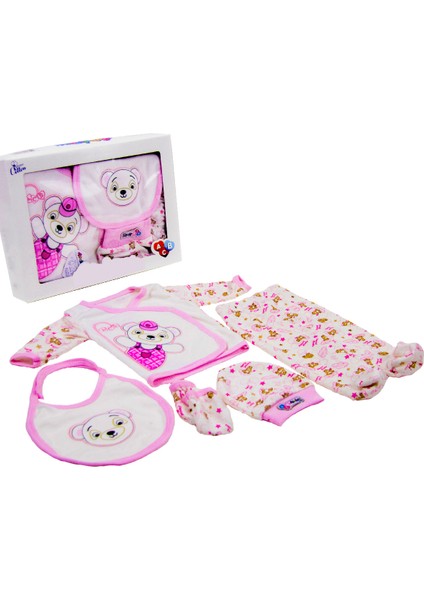 Kız Bebek Yenidoğan Giyim Seti 5 Parça Pembe Panda Desenli Hastane Çıkışı
