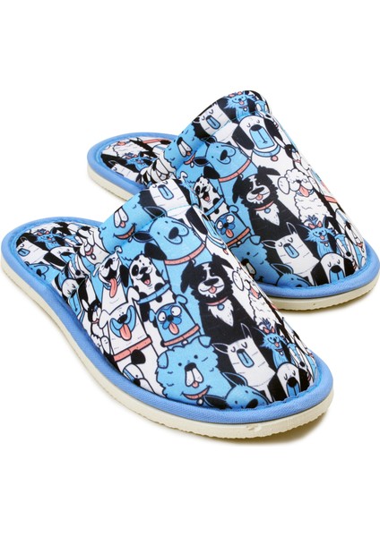 Unisex Mavi Köpek Desenli Yumuşak Tabanlı Ev Terlik