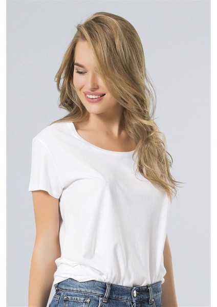 Kadın Beyaz Berlin Bisiklet Yaka Uzun Basic T-Shirt modelleri