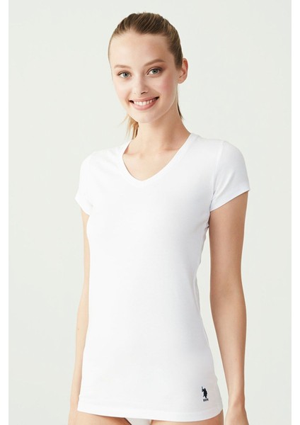 66004 Kadın Beyaz Kısa Kollu V-Yaka T-Shirt