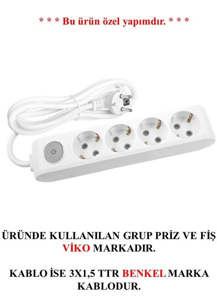 4'lü Anahtarlı Topraklı Çocuk Korumalı Grup Priz 4 Metre