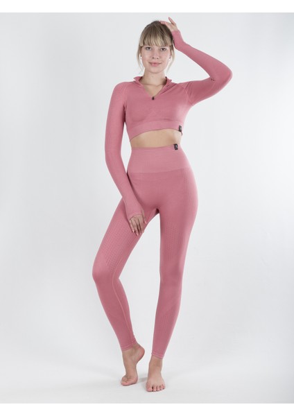 Yüksek Bel Toparlayıcı Fermuar Yakalı Seamless Tayt ve Uzun Kollu Crop Gül Kurusu S-1459