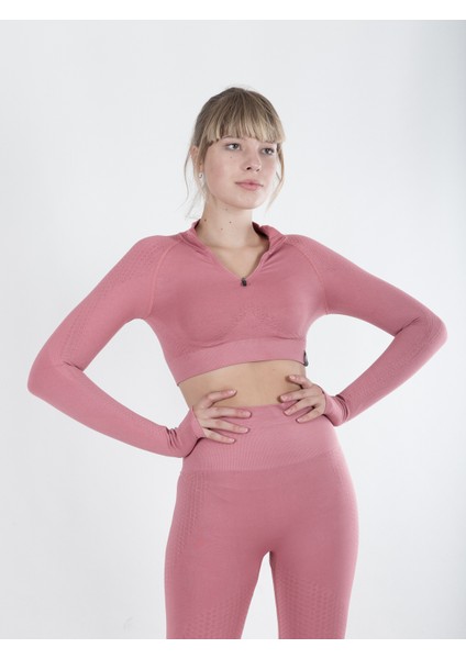 Yüksek Bel Toparlayıcı Fermuar Yakalı Seamless Tayt ve Uzun Kollu Crop Gül Kurusu S-1459 fırsatları