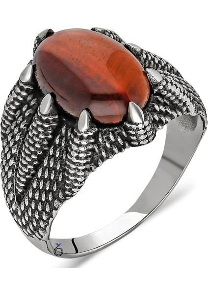 925 Ayar Gümüş Kırmızı Kaplan Gözü Taşlı Pençe Yüzük