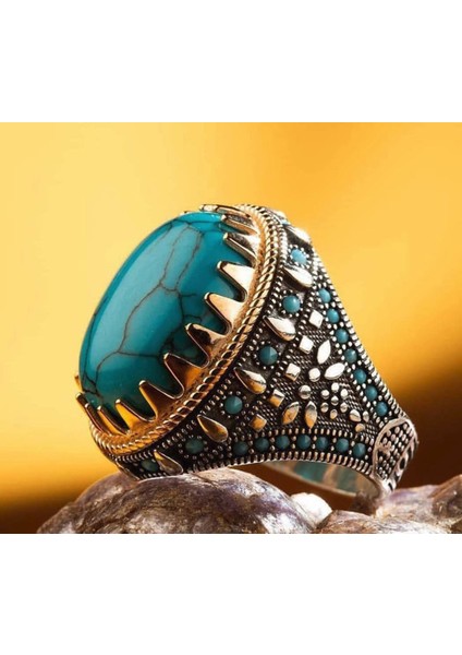 Turkuaz Firuze Taş Süslemeli Gümüş Erkek Yüzük modelleri