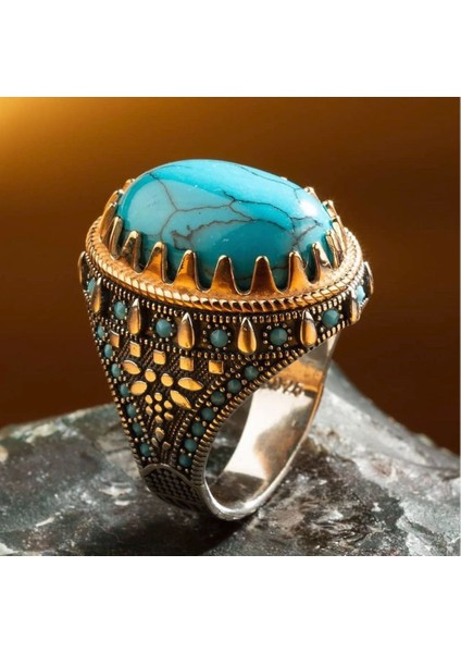 Turkuaz Firuze Taş Süslemeli Gümüş Erkek Yüzük fırsatları