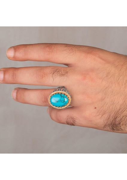 Turkuaz Firuze Taş Süslemeli Gümüş Erkek Yüzük indirimleri