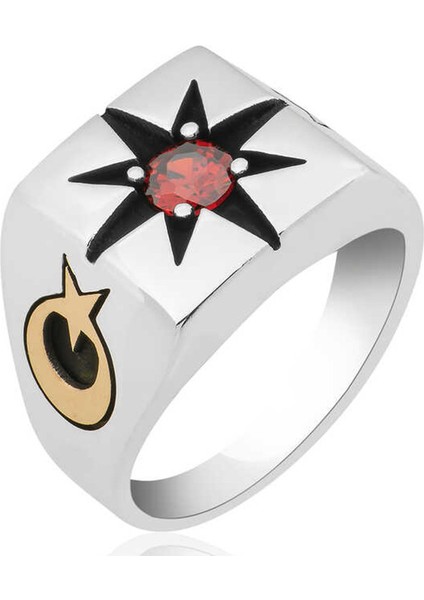 Lal Taşlı Ay Yıldız Motifli Kutup Yıldızı Gümüş Erkek Yüzük