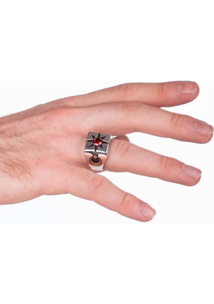 Lal Taşlı Ay Yıldız Motifli Kutup Yıldızı Gümüş Erkek Yüzük modelleri