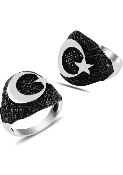 925 Ayar Gümüş Mikro Taş Işlemeli Ay Yıldız Yüzük