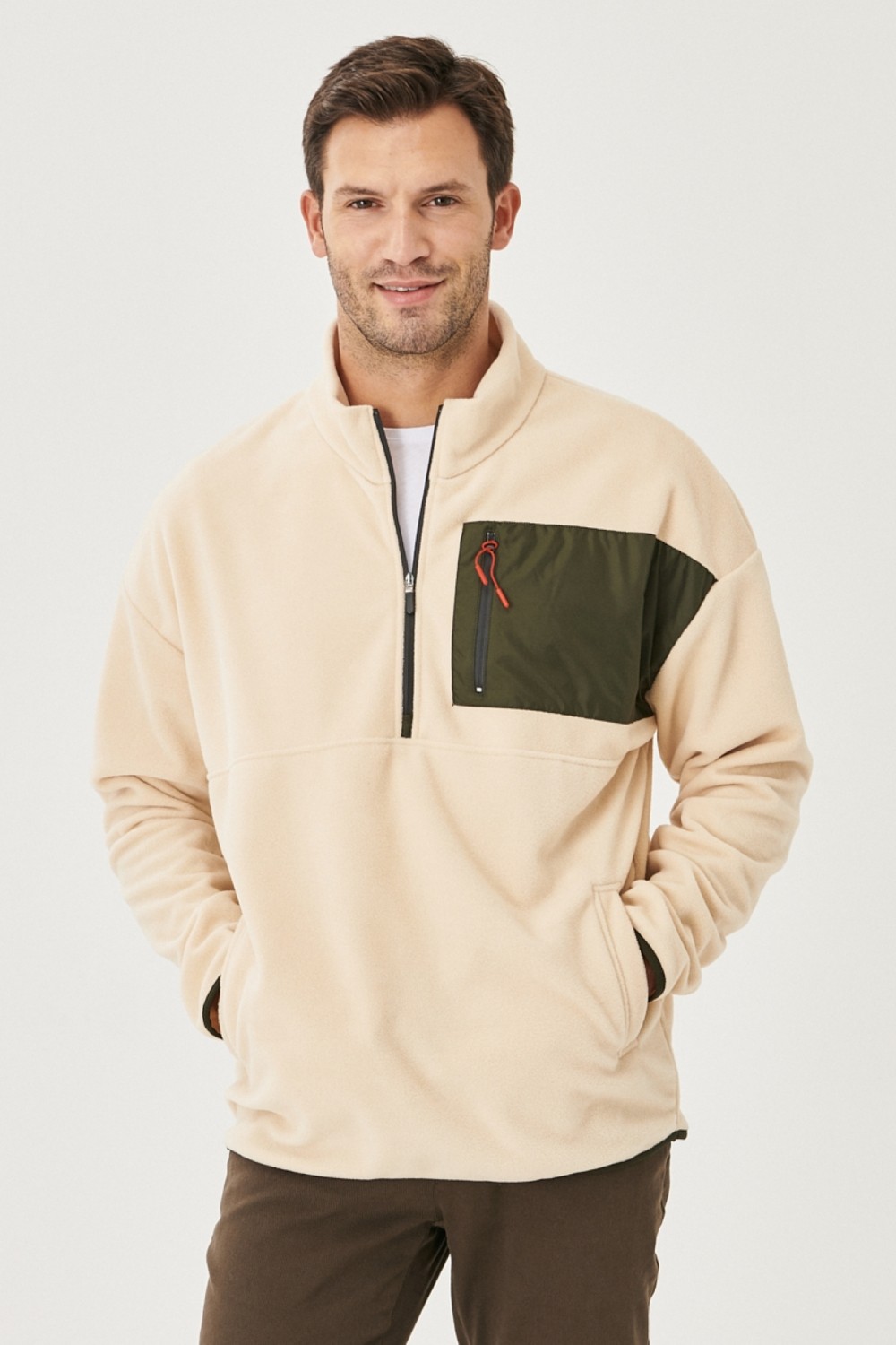 Altınyıldız Classics Erkek Gri Melanj Oversize Bol Kesim Dik Bato Yaka Cep Detaylı Fermuarlı Isı Tutan Polar Sweatshirt görsel 6