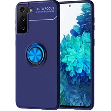 Kvy Samsung Galaxy S21 Plus Yüzüklü Manyetik Ravel Kılıf Mavi