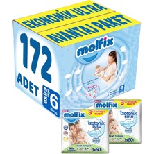 Molfix Bebek Bezi Beden:6 (15+ kg) Extra Large 172'li + Islak Mendil 6'lı