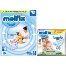 Molfix Bebek Bezi Beden:6 (15+ kg) Extra Large 86'lı+ Islak Mendil 3'lü