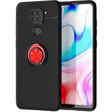 Kvy Xiaomi Redmi Note 9 Yüzüklü Manyetik Ravel Kılıf Siyah Kırmızı