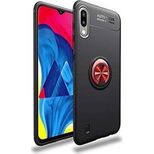 Kvy Samsung Galaxy A01 Yüzüklü Manyetik Ravel Kılıf Siyah Kırmızı