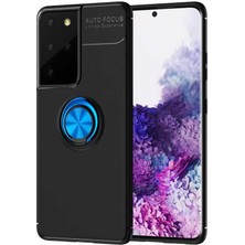 Kvy Samsung Galaxy S21 Ultra Yüzüklü Manyetik Ravel Kılıf Nano Ekran Koruyucu Full Setsiyah Mavi