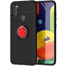 Kvy Samsung Galaxy A21 Yüzüklü Manyetik Ravel Kılıf Nano Ekran Koruyucu Full Setsiyah Kırmızı