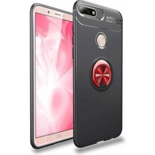 Kvy Huawei Y7 2018 Yüzüklü Manyetik Ravel Kılıf Siyah Kırmızı