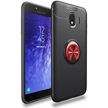 Kvy Samsung Galaxy  J4 (SM-J400F) Yüzüklü Manyetik Ravel Kılıf Nano Ekran Koruyucu Full Setsiyah Kırmızı