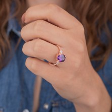 Miavi Silver 925 Ayar Gümüş Ametist Taşlı Nokta Kollu Yüzük