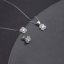 Ravza Gümüş 925 Ayar Gümüş Pırlanta Modeli Yonca Kolye Küpe Set