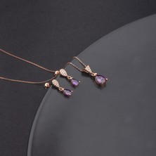 Ravza Gümüş 925 Ayar Gümüş Ametist Taşlı Damla Kolye Küpe Set