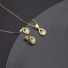 Ravza Gümüş 925 Ayar Gümüş Pırlanta Modeli Damla Kolye Küpe Set