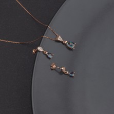 Ravza Gümüş 925 Ayar Gümüş Mistik Topaz Taşlı Damla Kolye Küpe Set