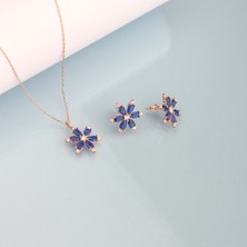 Ravza Gümüş 925 Ayar Gümüş Safir Taşlı Nergis Çiçeği Kolye Küpe Set