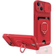Kzy Apple iPhone 13 Kılıf Lens Sürgülü Yüzüklü Manyetik Kartvizitli Silikon Kapak - Kırmızı