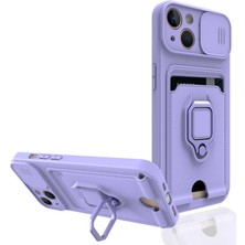 Kzy Apple iPhone 13 Kılıf Lens Sürgülü Yüzüklü Manyetik Kartvizitli Silikon Kapak - Lila