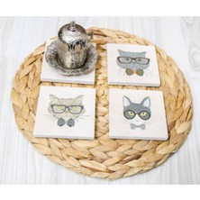 Begoloni 10X10 cm Limra Doğal Taş Uv Baskılı 4'lü Set Dekoratif Hediyelik Bardak Altlığı - Kedi Baskılı