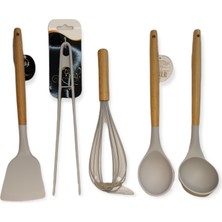 AYYBUU Servis Seti ve Metal Kaşıklık Food Drinks 5 Parça Silikon, Ahşap Saplı Set Gri Renk
