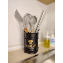 AYYBUU Servis Seti ve Metal Kaşıklık Food Drinks 5 Parça Silikon, Ahşap Saplı Set Gri Renk