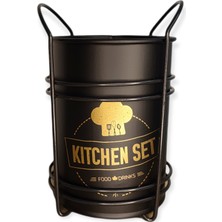 AYYBUU Servis Seti ve Metal Kaşıklık Food Drinks 5 Parça Silikon, Ahşap Saplı Set Gri Renk
