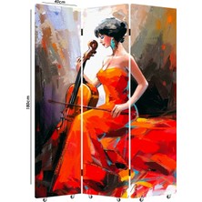 VeraStore Çello Çalan Kadınlı 3 Kanatlı Oda Bölücü Çift Taraflı Kanvas Paravan