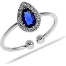 Sümer Telkari Safir Taşlı Damla Mini Rodyumlu Gümüş Yüzük