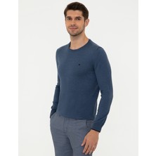 Pierre Cardin Erkek İndigo Melanj Slim Fit Bisiklet Yaka Basic Triko Kazak 50248582-VR155